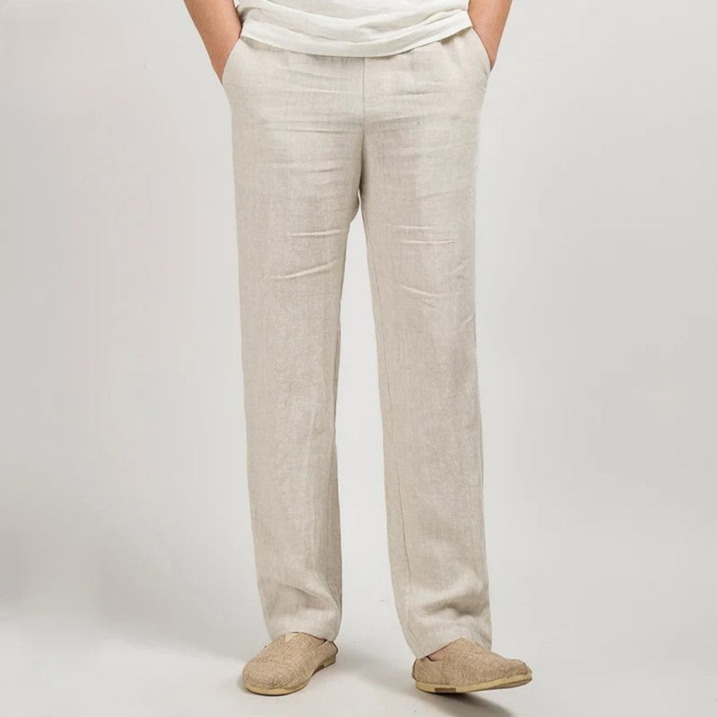 Beige Linen Relaxed Fit Straight Leg Lightweight Mid Rise Pants for Men
