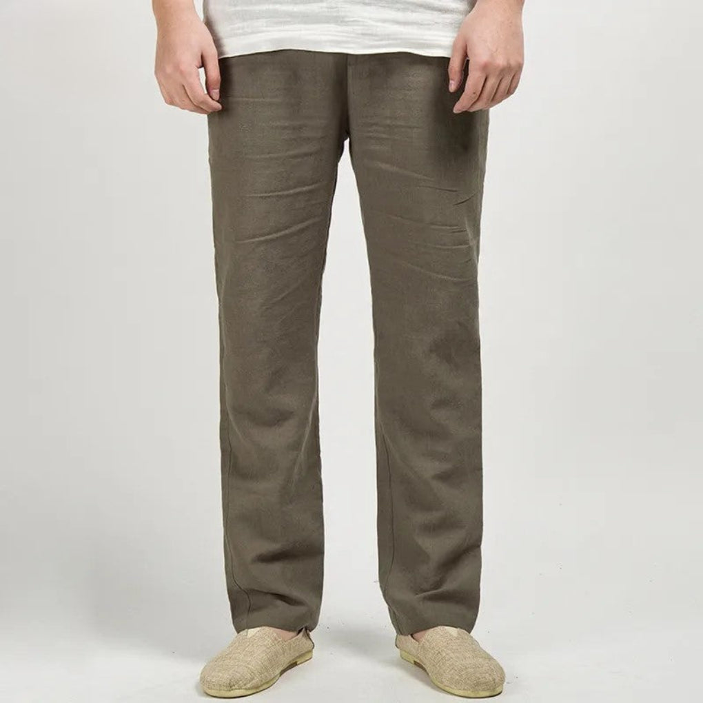 Beige Linen Relaxed Fit Straight Leg Lightweight Mid Rise Pants for Men