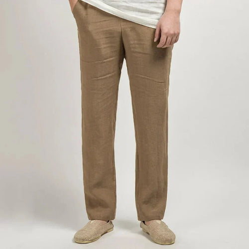 Beige Linen Relaxed Fit Straight Leg Lightweight Mid Rise Pants for Men