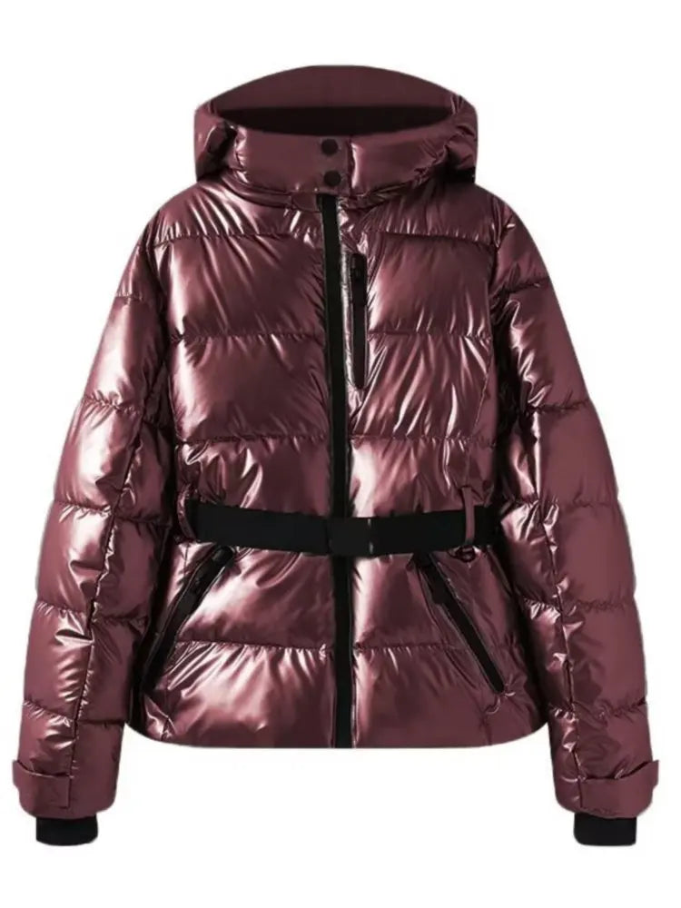 Women's Ski Jacket with Belt | Quilted Winter Jacket with Hood