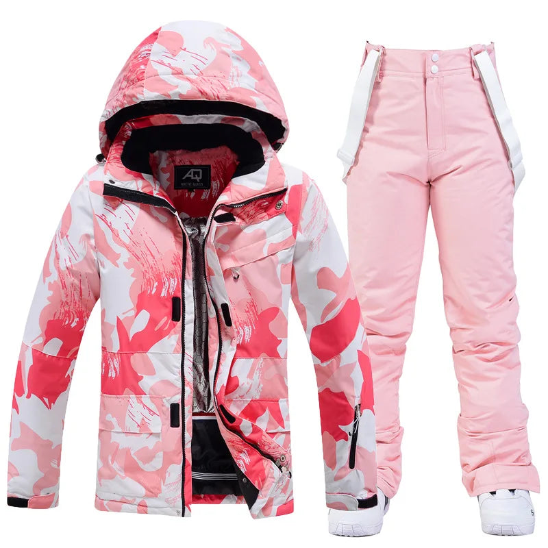 Two Piece Hooded Ski Suit with Zip Jacket and Bib Pants for Women | Snow Sports