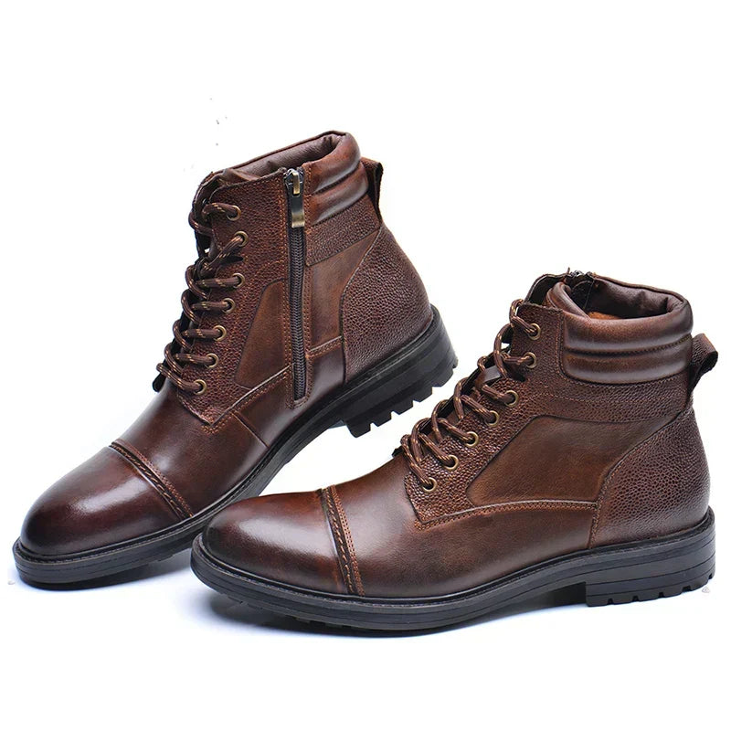 Brown Leather Side Zipper Lace Up Boots for Men | Casual Outdoor Work Wear