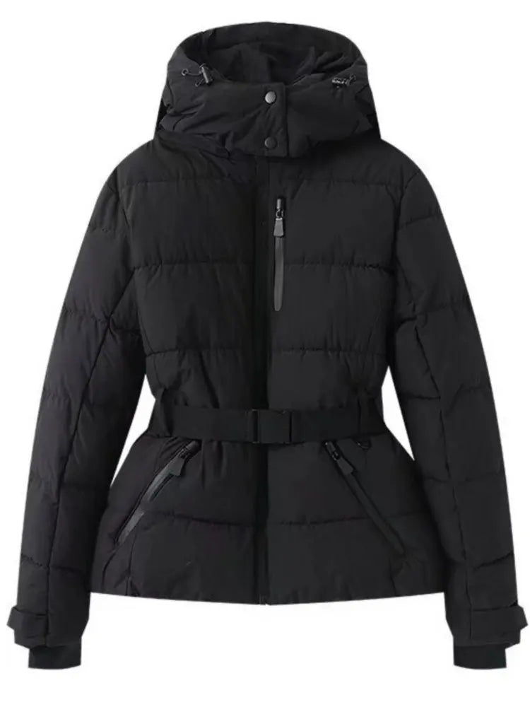 Women's Ski Jacket with Belt | Quilted Winter Jacket with Hood