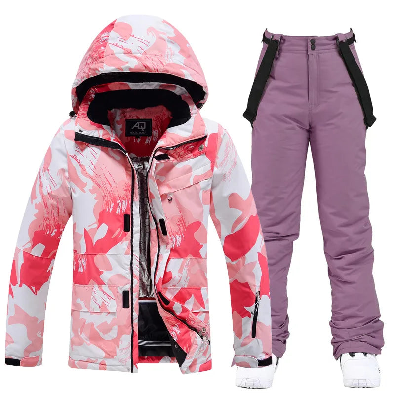 Two Piece Hooded Ski Suit with Zip Jacket and Bib Pants for Women | Snow Sports