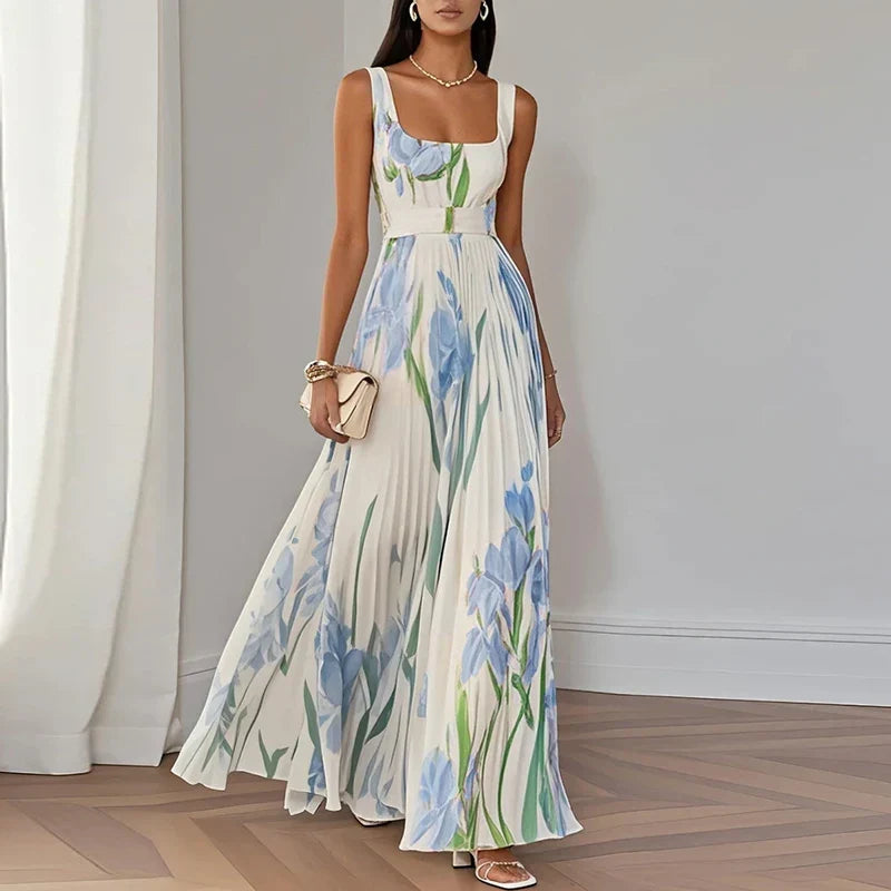 Floral Square Neck Pleated Maxi Dress for Women | Wedding Guest