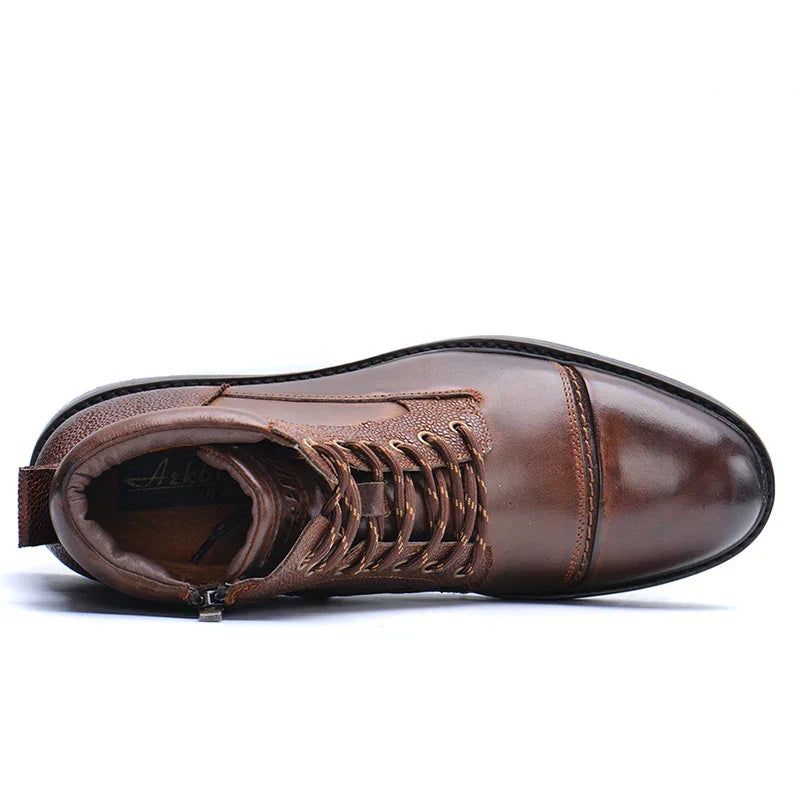 Brown Leather Side Zipper Lace Up Boots for Men | Casual Outdoor Work Wear