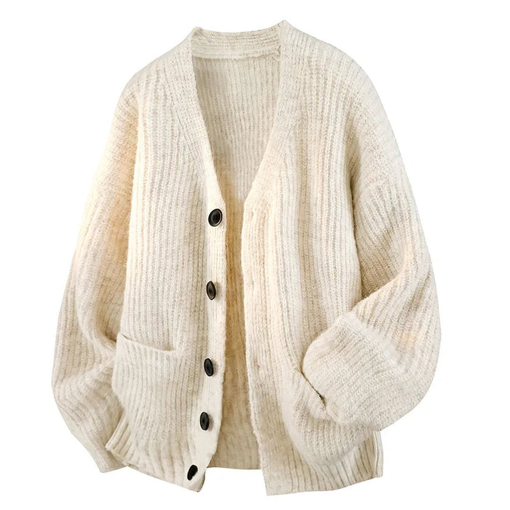 Relaxed Fit V Neck Knit Cardigan with Button Front and Pockets for Women