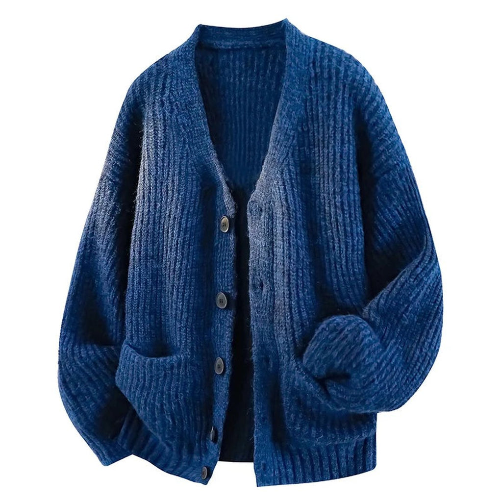 Relaxed Fit V Neck Knit Cardigan with Button Front and Pockets for Women