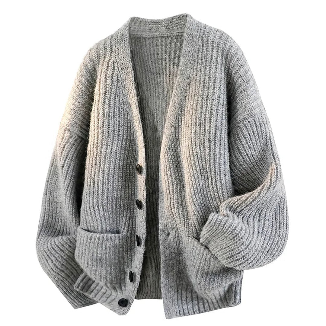 Relaxed Fit V Neck Knit Cardigan with Button Front and Pockets for Women