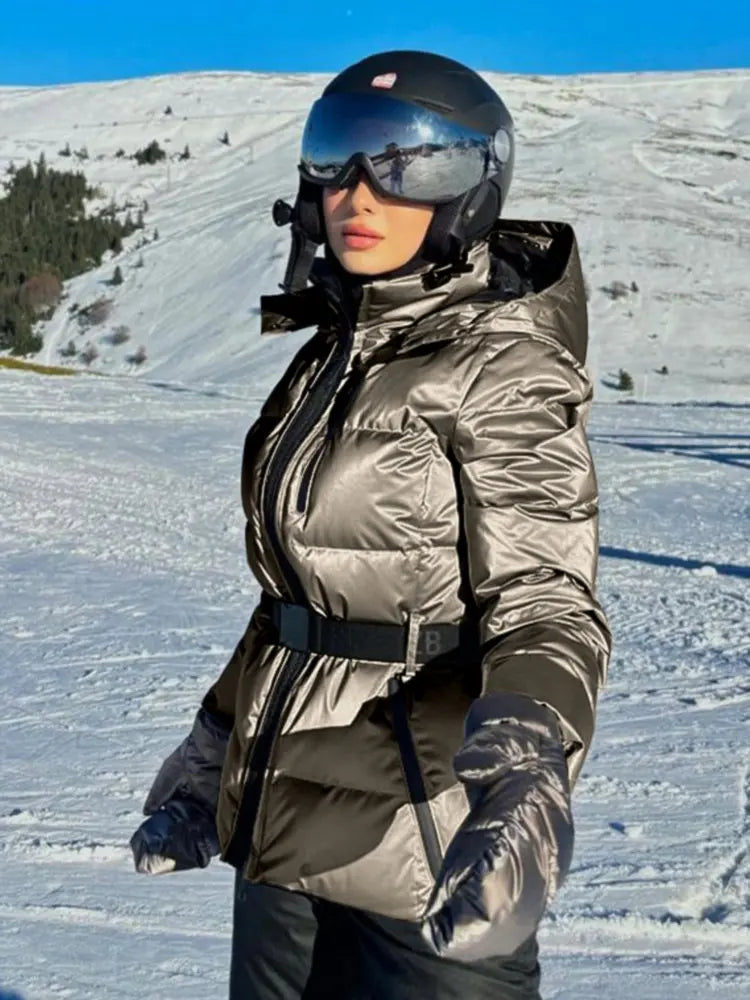 Women's Ski Jacket with Belt | Quilted Winter Jacket with Hood