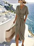 Twist Front Midi Dress for Women | V-Neck Batwing Sleeve Wrap Style