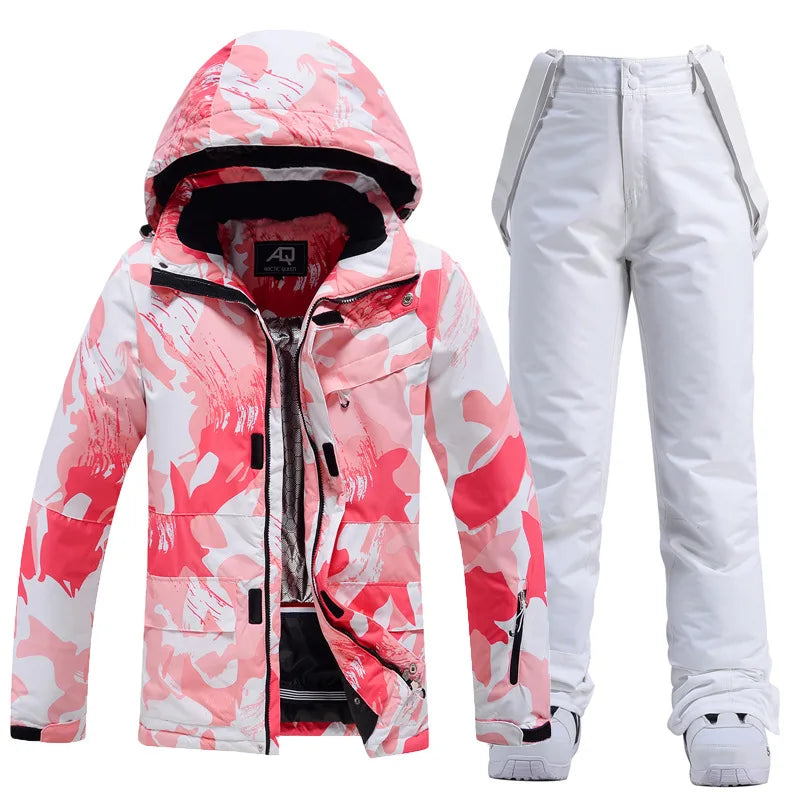 Two Piece Hooded Ski Suit with Zip Jacket and Bib Pants for Women | Snow Sports