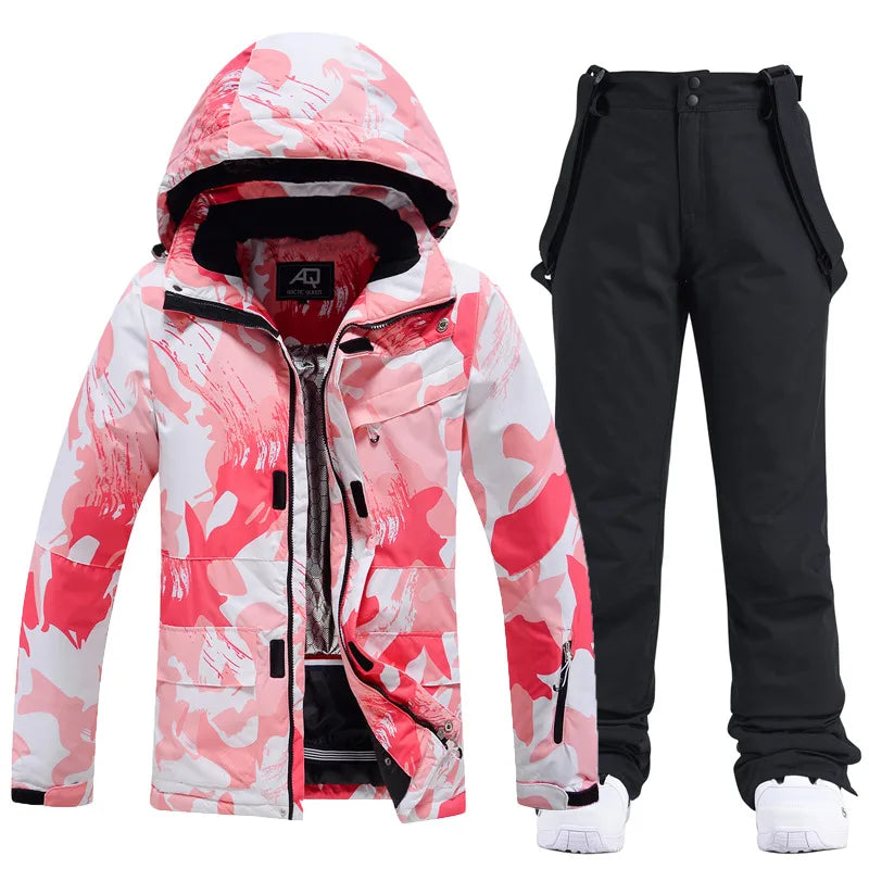 Two Piece Hooded Ski Suit with Zip Jacket and Bib Pants for Women | Snow Sports