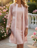 Knee Length Lace Cardigan and Sheath Dress Set with Twist Waist for Women
