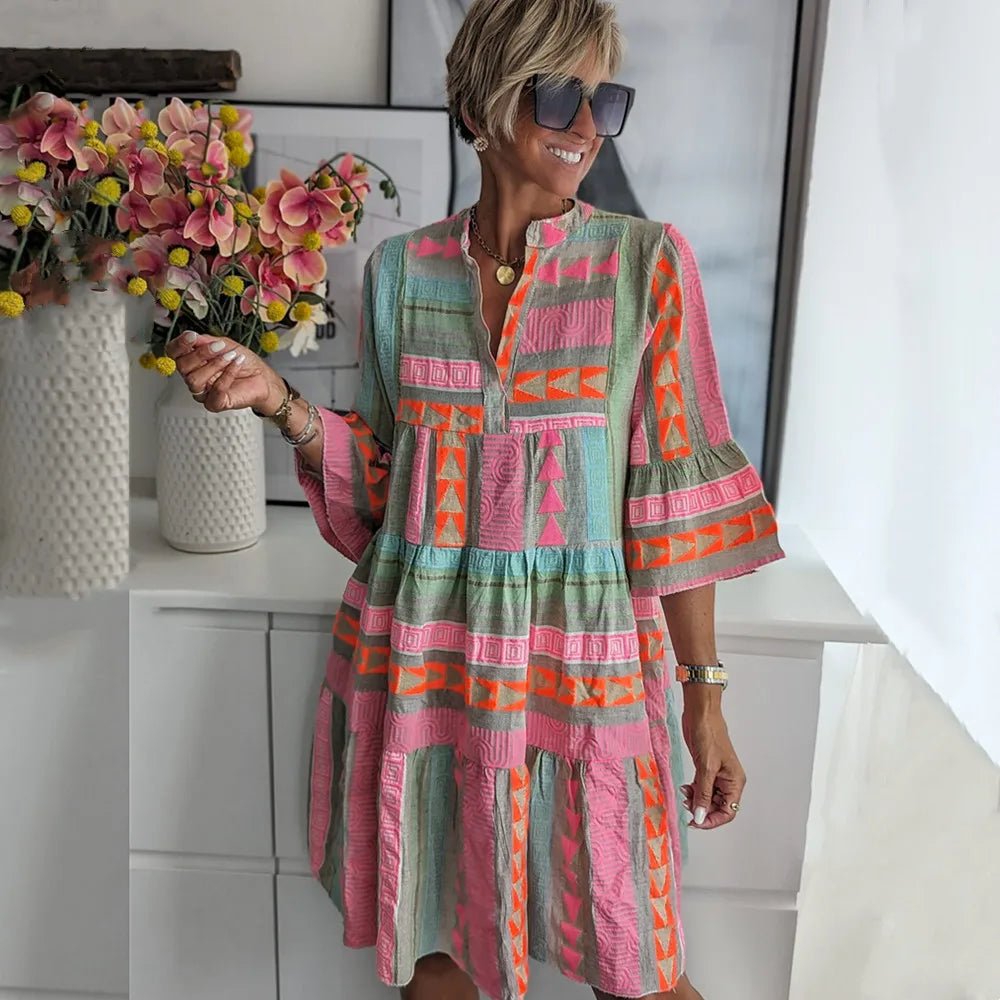 Pink Tiered Swing Midi Dress for Women | Boho Casual Summer