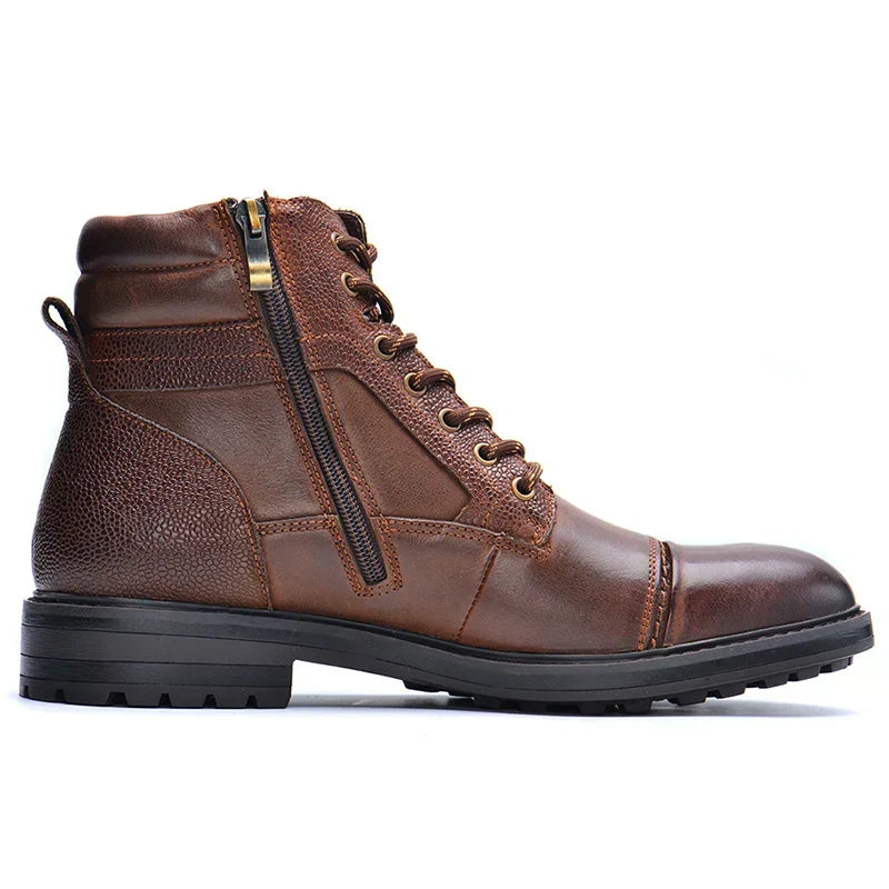 Brown Leather Side Zipper Lace Up Boots for Men | Casual Outdoor Work Wear
