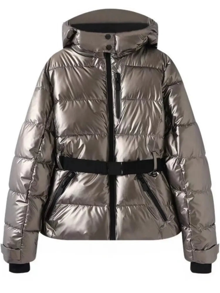 Women's Ski Jacket with Belt | Quilted Winter Jacket with Hood