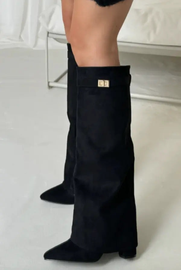 Tall Leather Suede Heeled Boots with Slim Shaft in Black or Taupe for Women