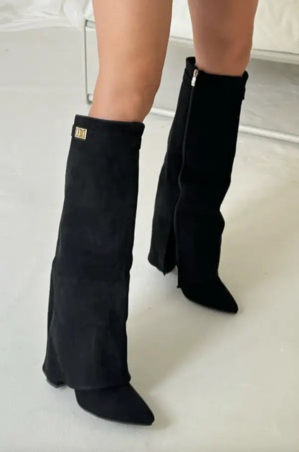 Tall Leather Suede Heeled Boots with Slim Shaft in Black or Taupe for Women