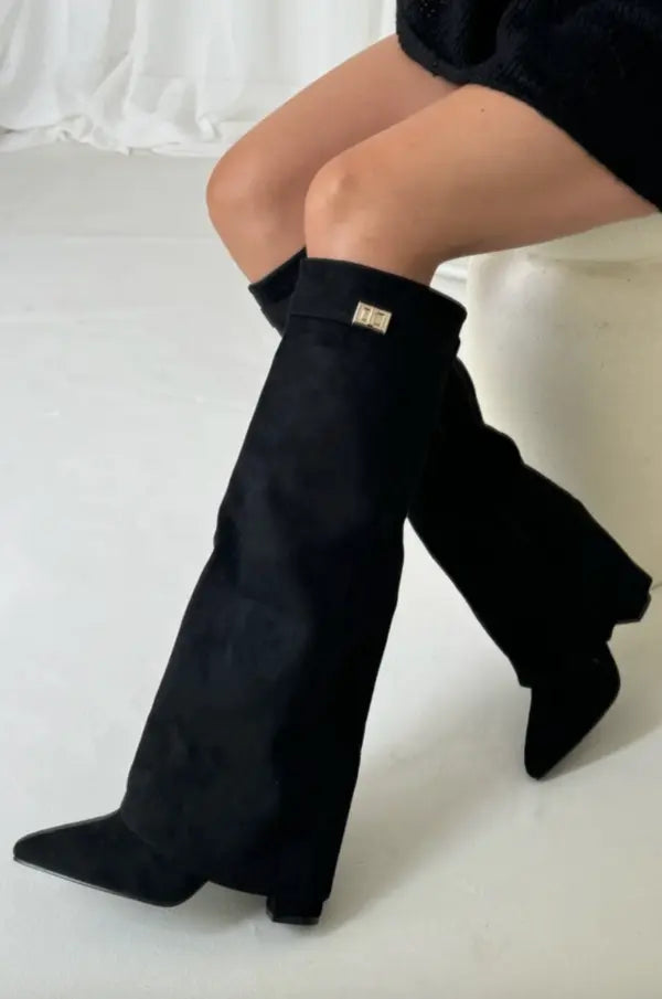 Tall Leather Suede Heeled Boots with Slim Shaft in Black or Taupe for Women