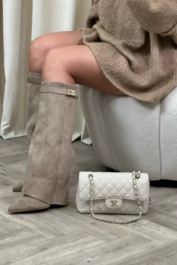 Tall Leather Suede Heeled Boots with Slim Shaft in Black or Taupe for Women