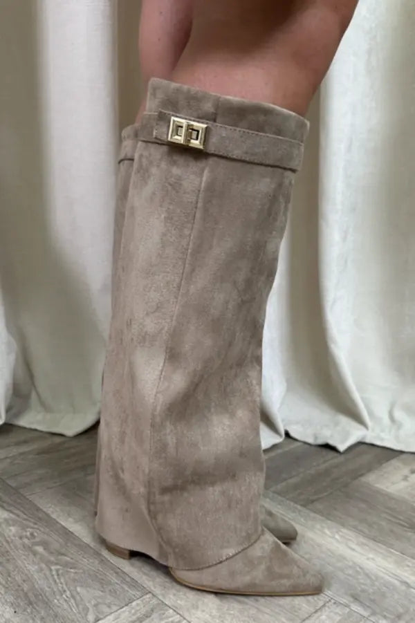 Tall Leather Suede Heeled Boots with Slim Shaft in Black or Taupe for Women