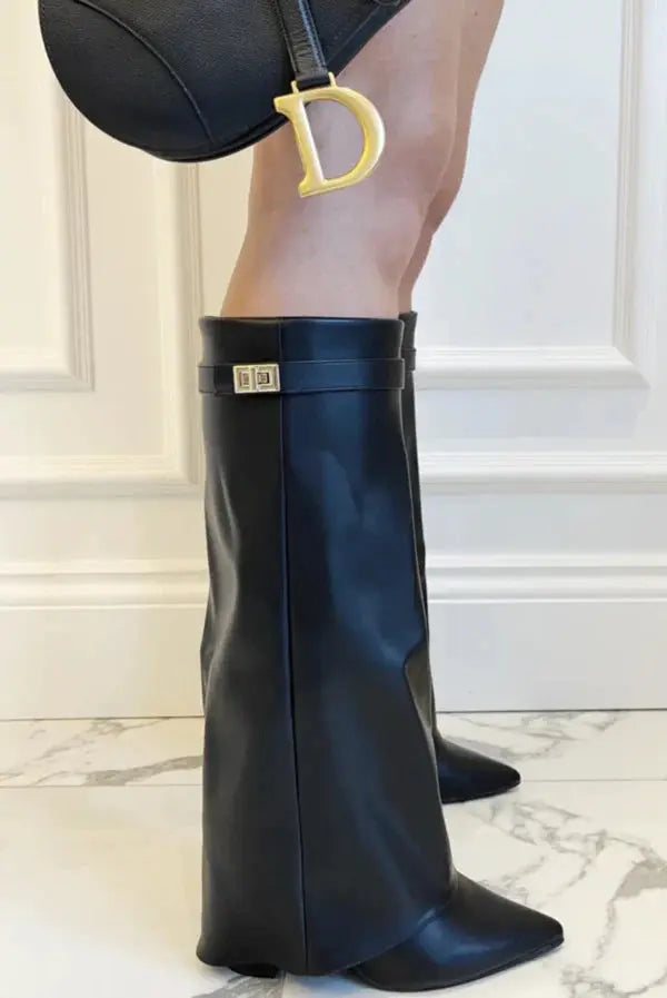 Tall Leather Suede Heeled Boots with Slim Shaft in Black or Taupe for Women