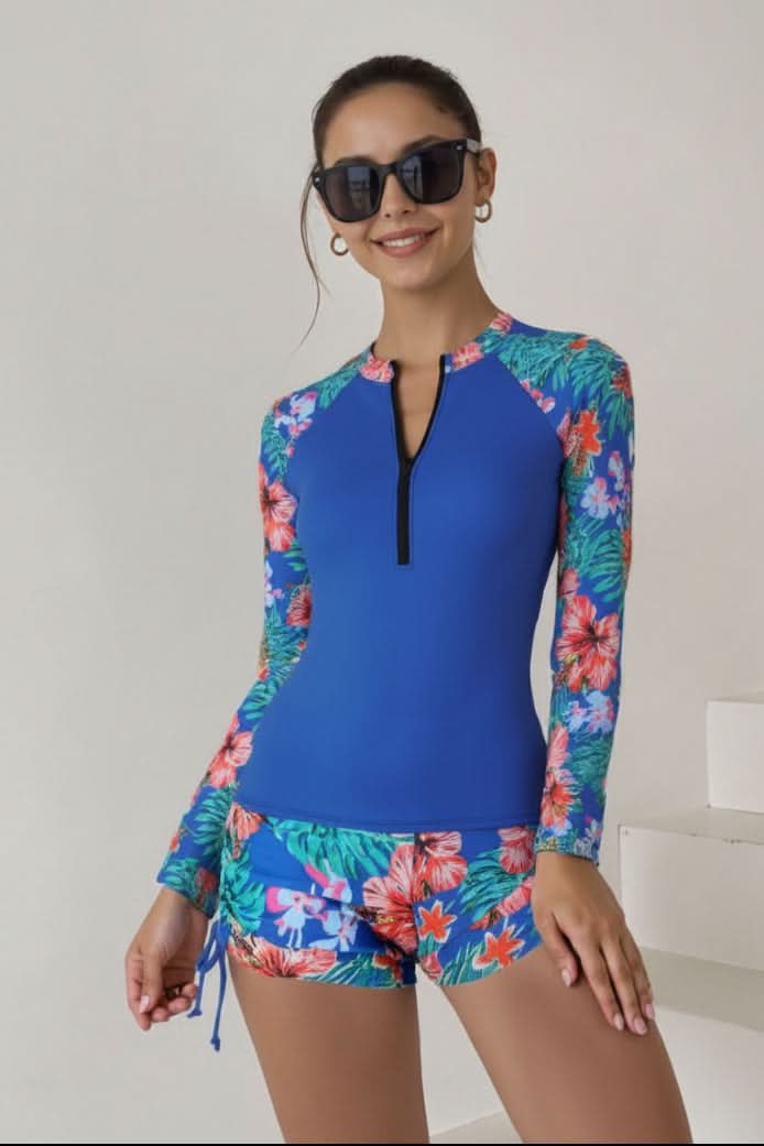 Tropical Print Rashguard Two-Piece Swimsuit for Women