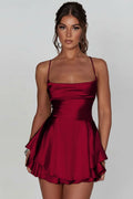 Backless Halter Ruched Cocktail Dress with Flared Ruffle Skirt for Women