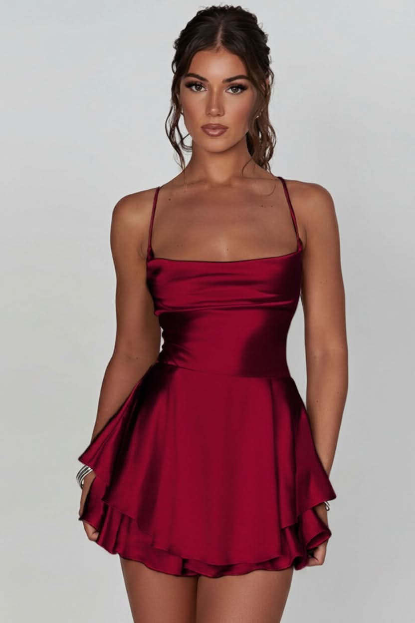 Backless Halter Ruched Cocktail Dress with Flared Ruffle Skirt for Women