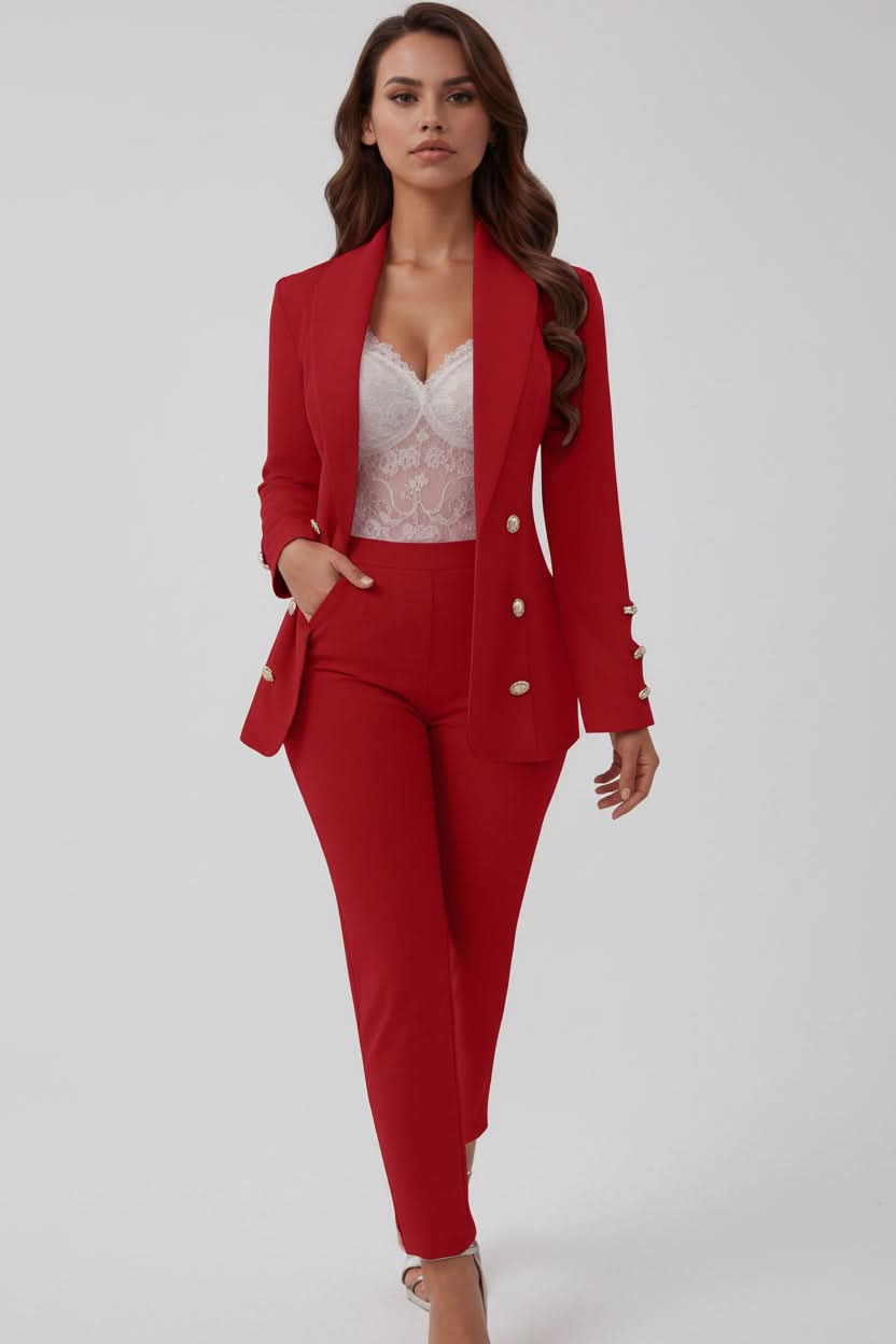 Red Cami Top and Straight-Leg Trousers Two-Piece Set for Women