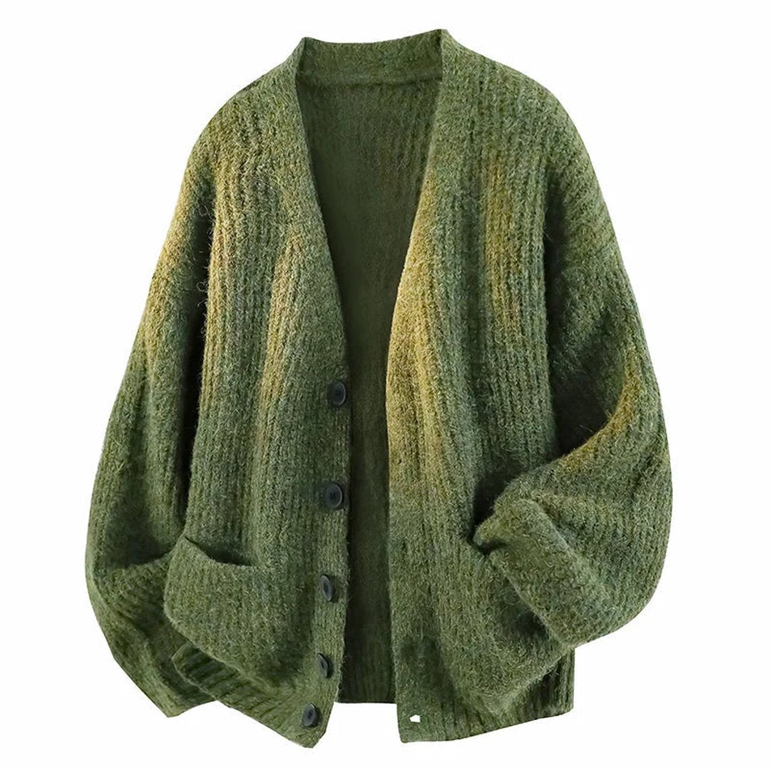 Relaxed Fit V Neck Knit Cardigan with Button Front and Pockets for Women