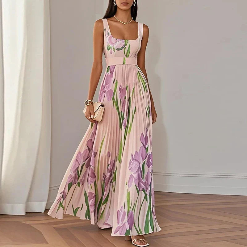 Floral Square Neck Pleated Maxi Dress for Women | Wedding Guest