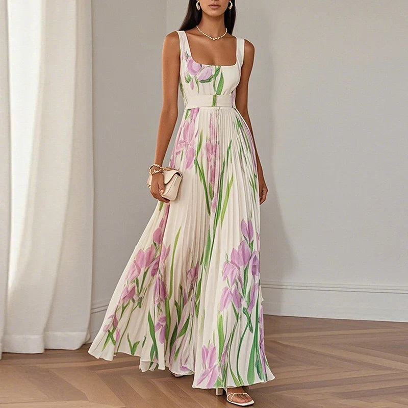 Floral Square Neck Pleated Maxi Dress for Women | Wedding Guest