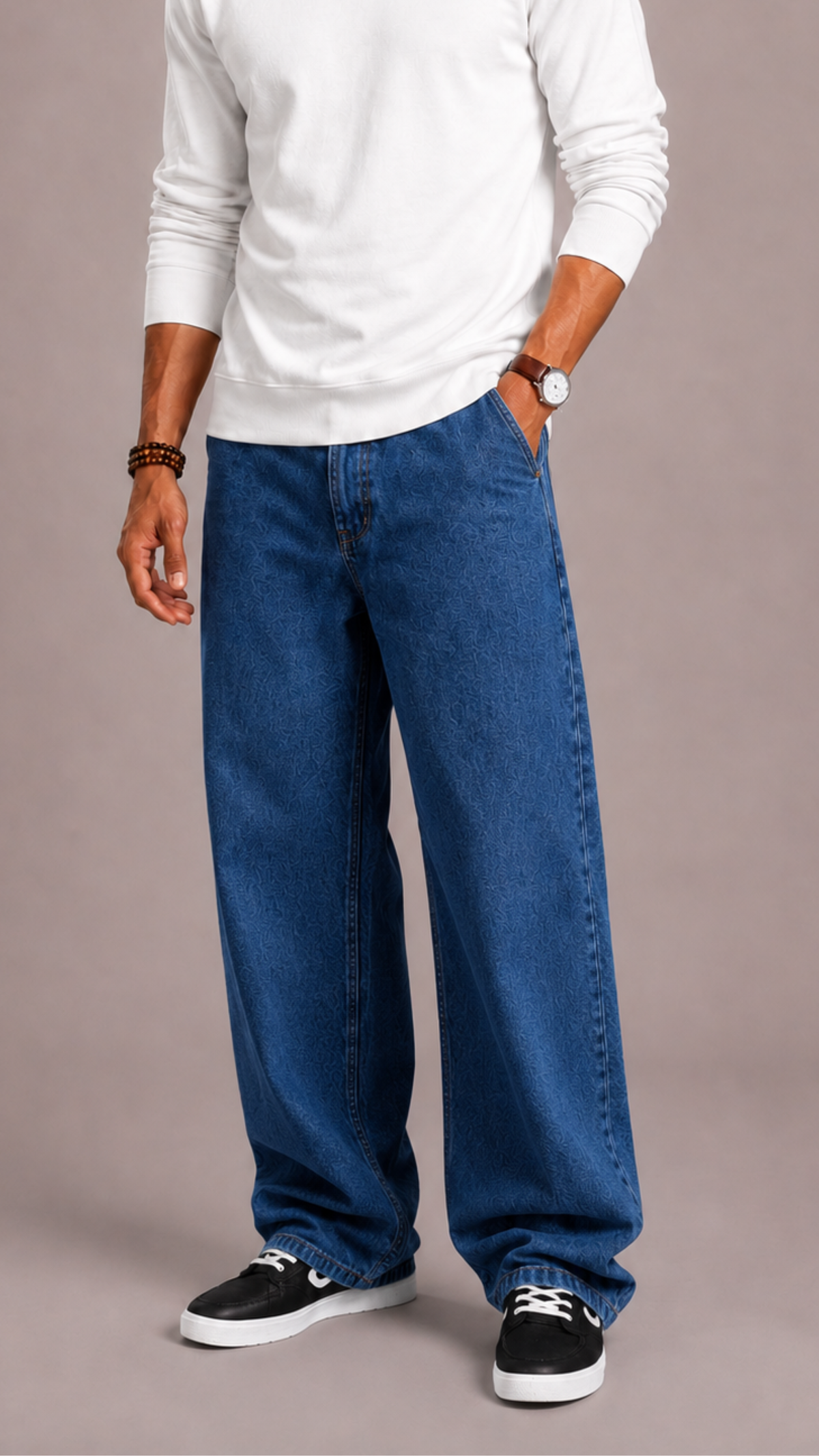 Denim Wide Leg Loose Fit Five Pocket Jeans for Men | Button and Zip Front