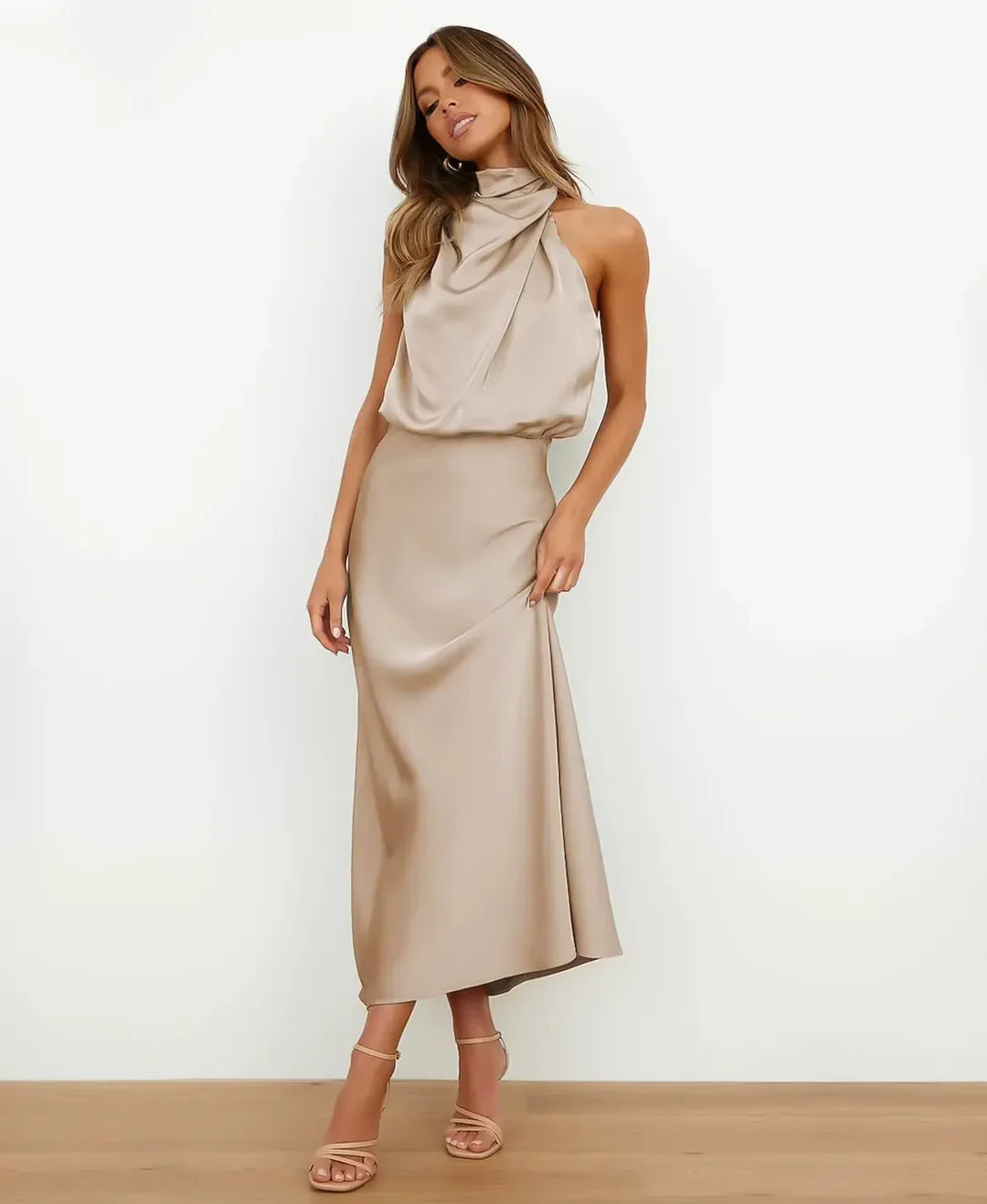 Satin Halterneck Midi Dress for Women | Formal Occasion