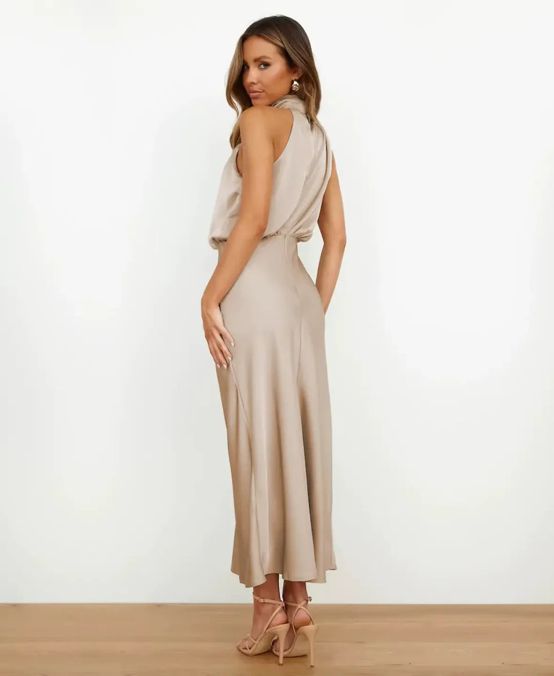 Satin Halterneck Midi Dress for Women | Formal Occasion