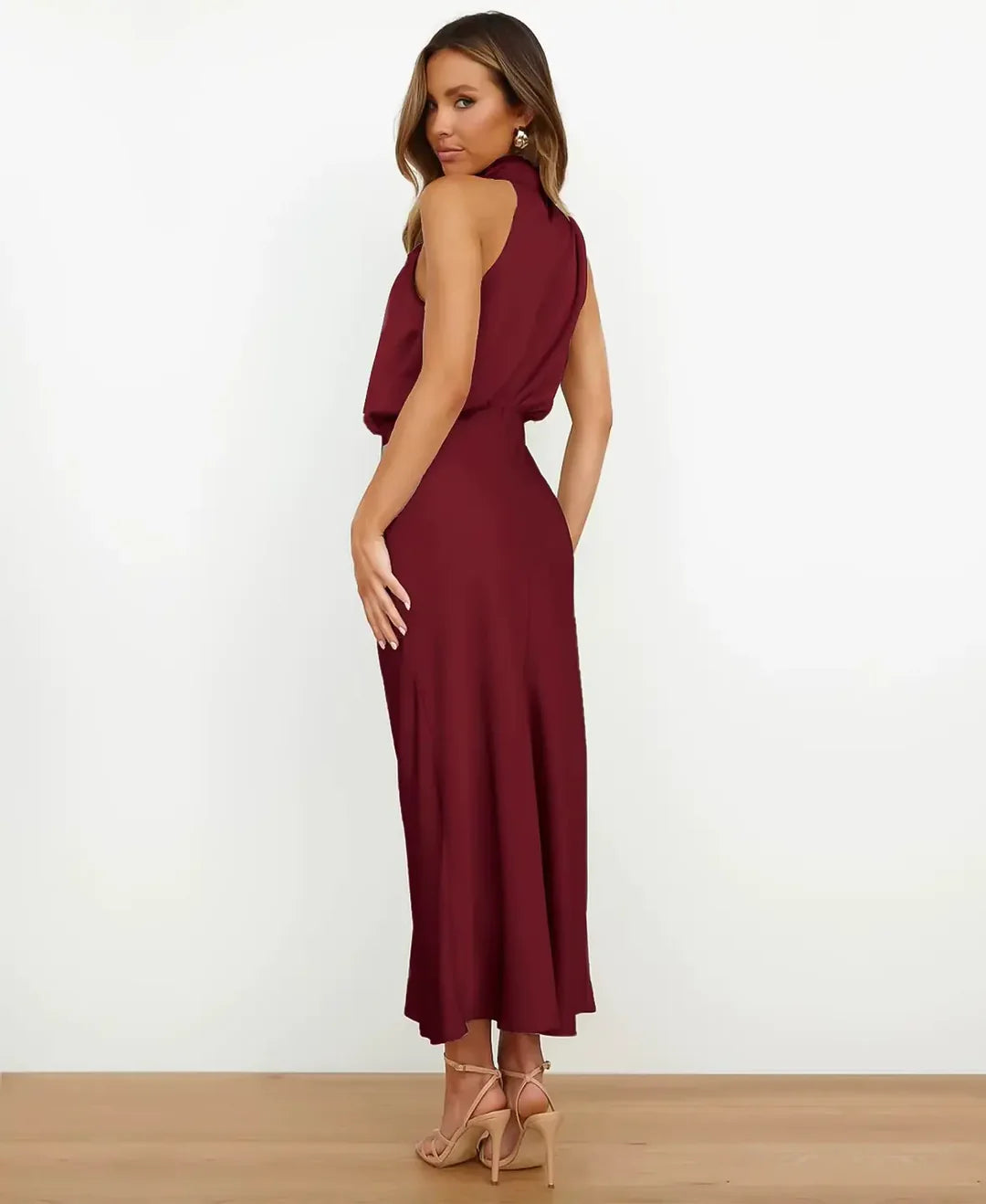 Satin Halterneck Midi Dress for Women | Formal Occasion
