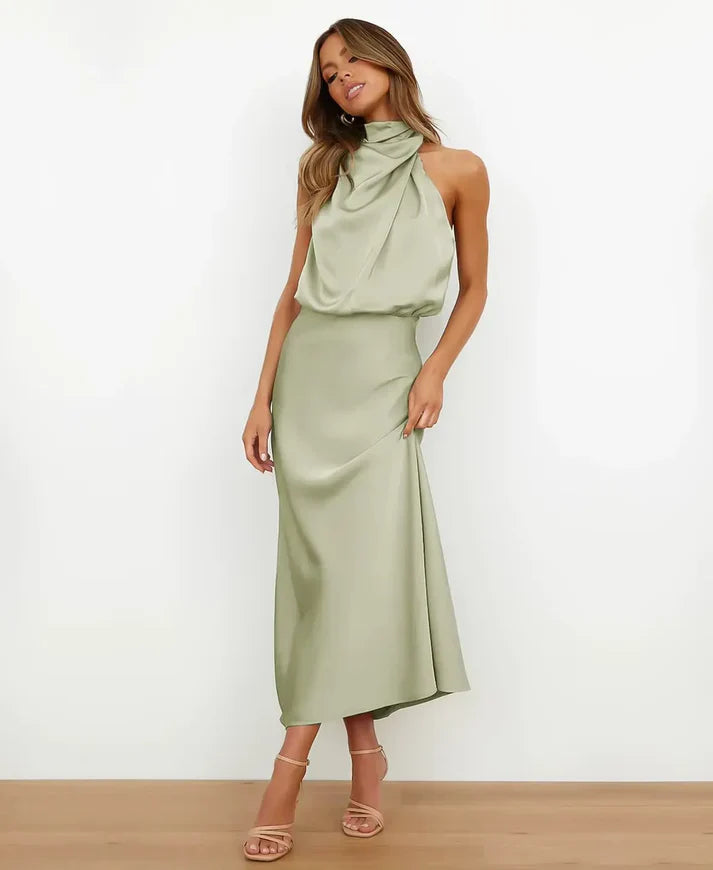 Satin Halterneck Midi Dress for Women | Formal Occasion