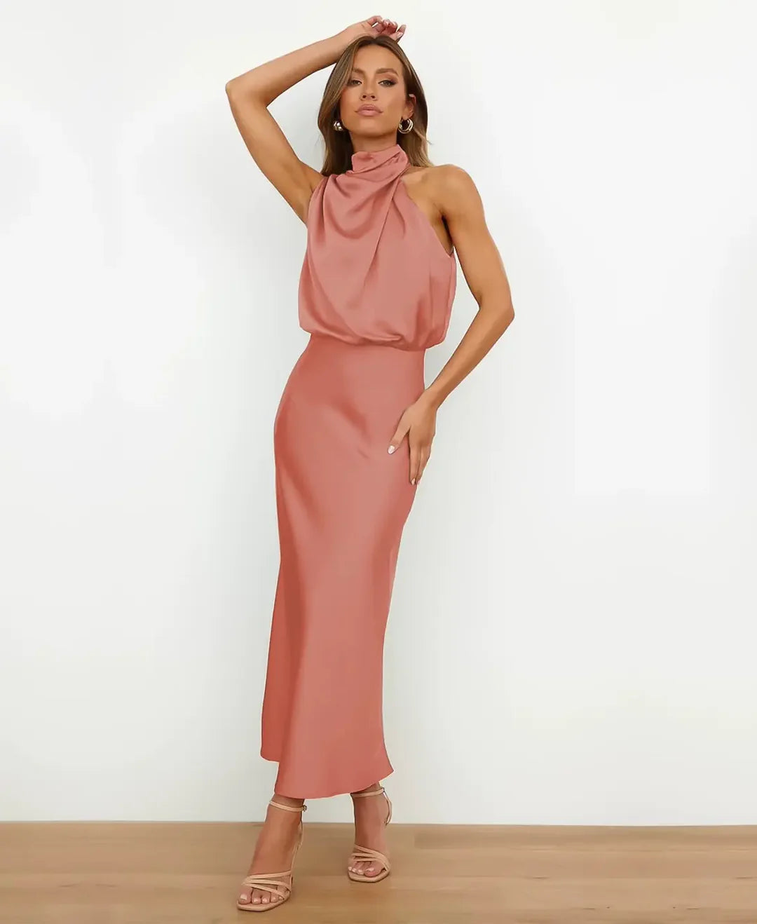 Satin Halterneck Midi Dress for Women | Formal Occasion