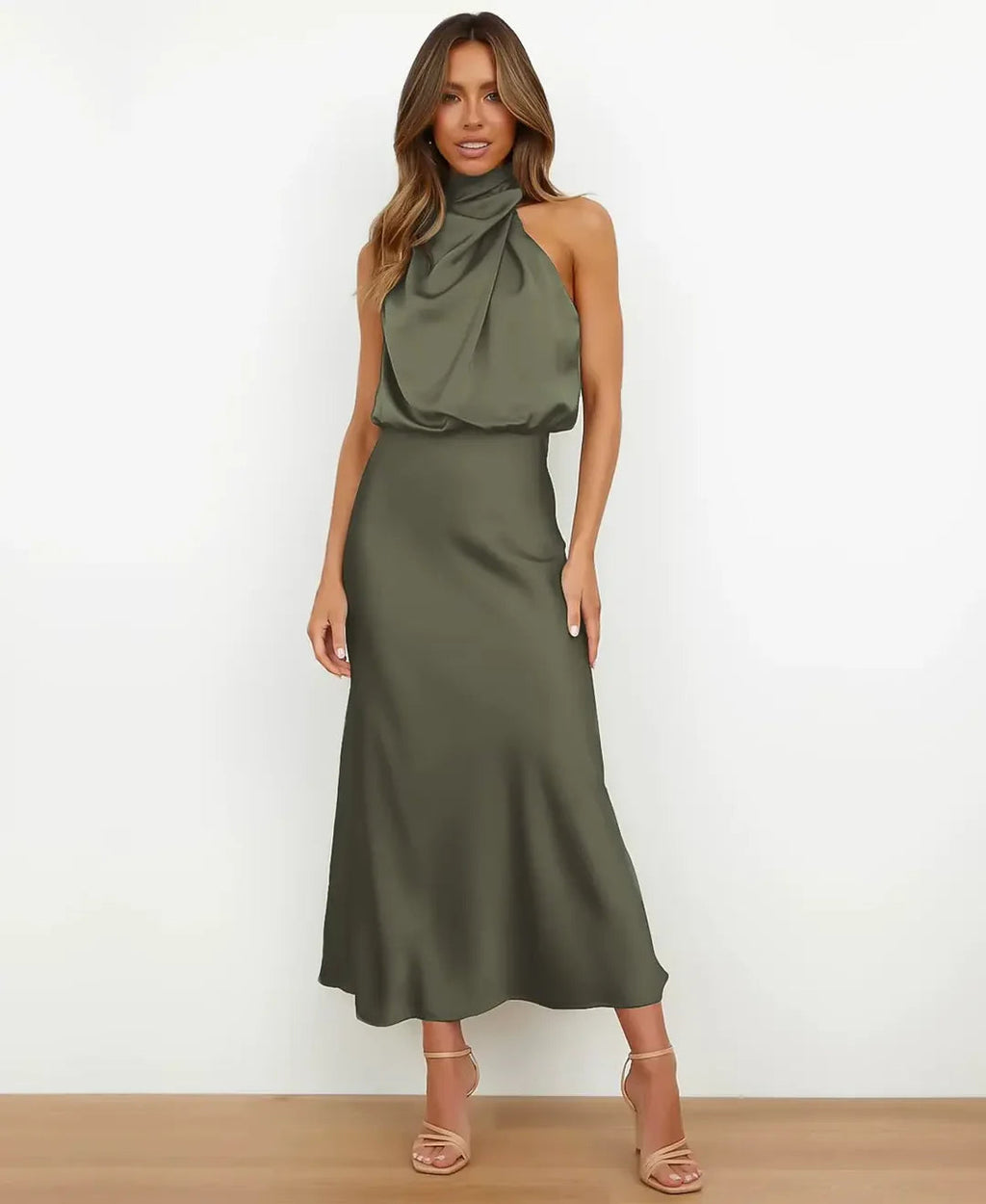 Satin Halterneck Midi Dress for Women | Formal Occasion
