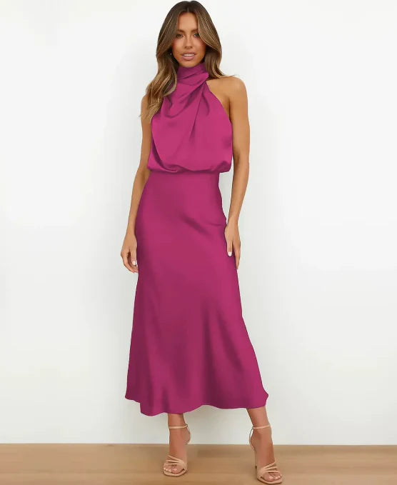 Satin Halterneck Midi Dress for Women | Formal Occasion
