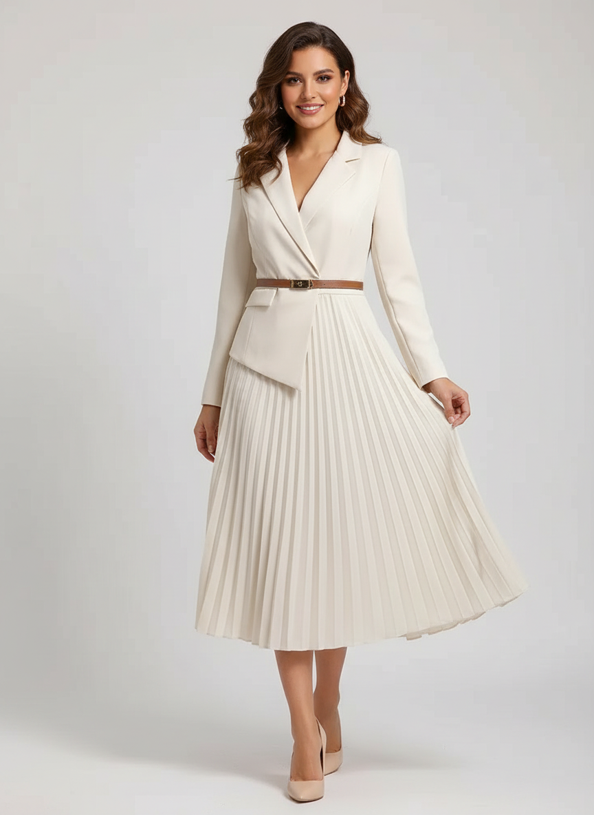 Women Blazer | Pleated Skirt and Structured Bodice Midi Fit