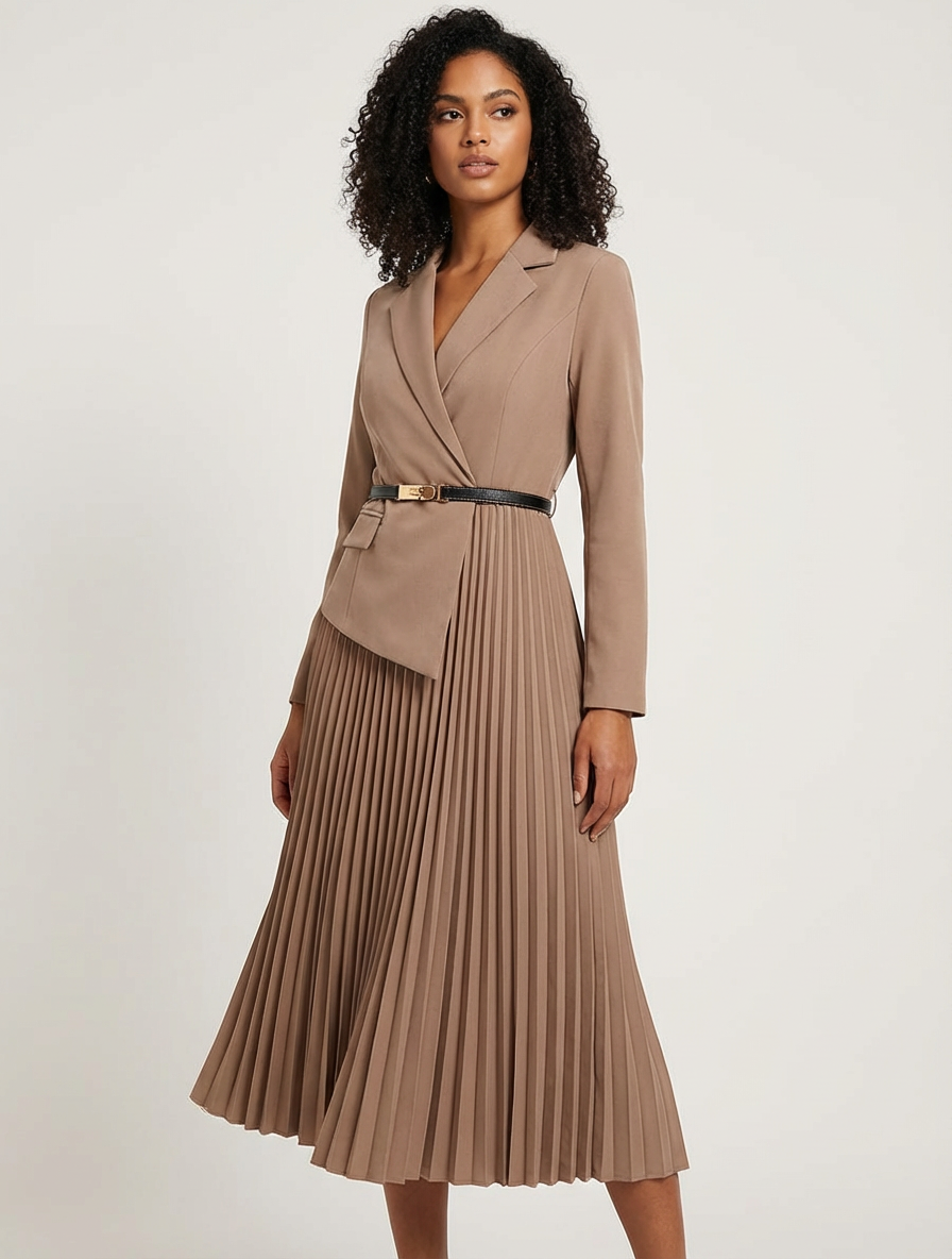 Women Blazer | Pleated Skirt and Structured Bodice Midi Fit