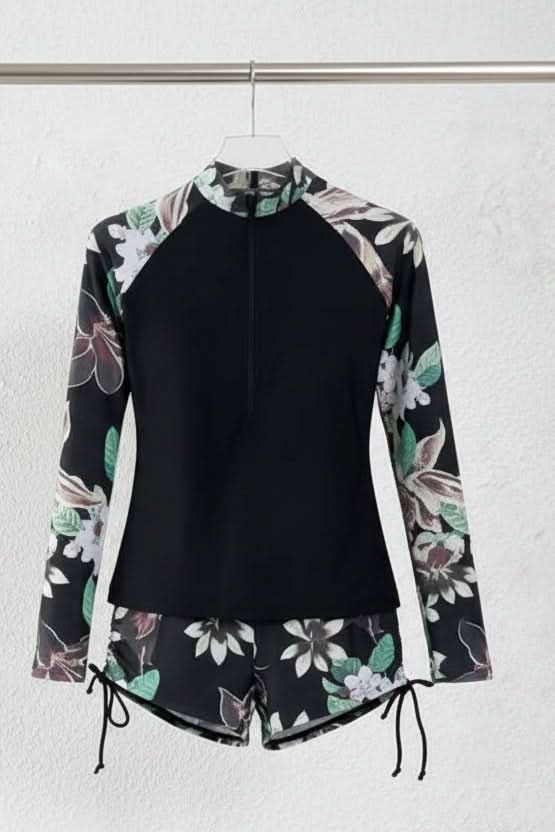 Tropical Print Rashguard Two-Piece Swimsuit for Women