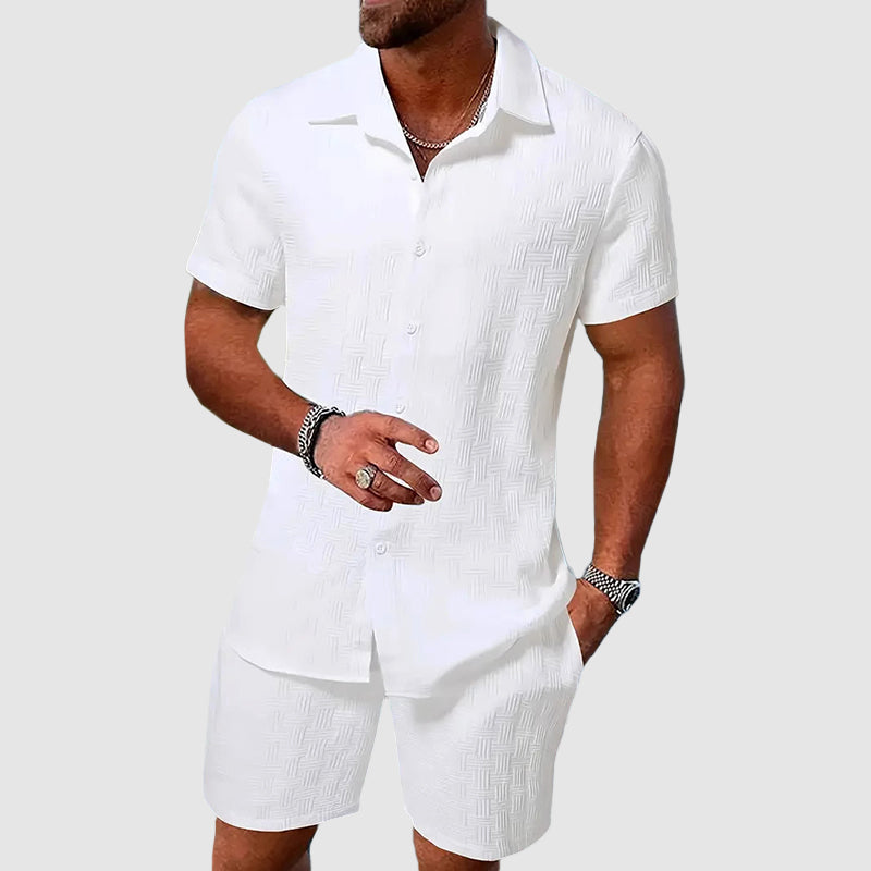 Beige Jacquard Short Sleeve Shirt and Shorts Set for Men