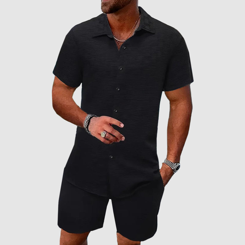 Beige Jacquard Short Sleeve Shirt and Shorts Set for Men