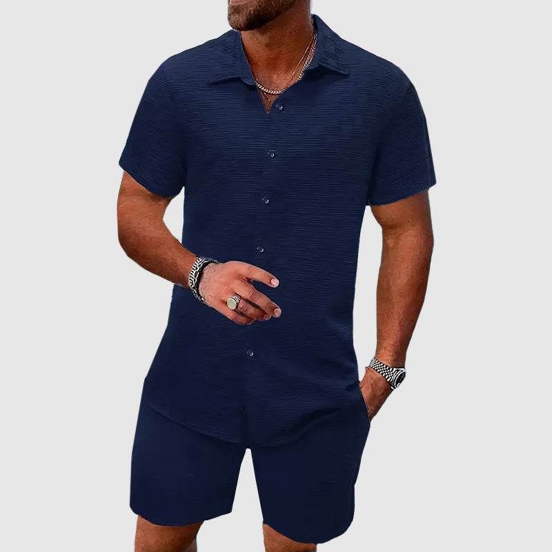 Beige Jacquard Short Sleeve Shirt and Shorts Set for Men