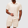 Beige Jacquard Short Sleeve Shirt and Shorts Set for Men