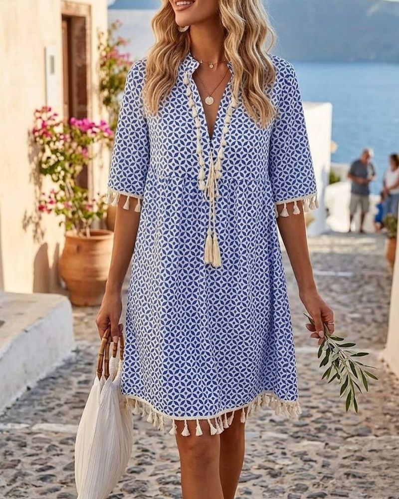 Blue Geometric Print Mini Tunic Dress for Women | Festival & Beach
